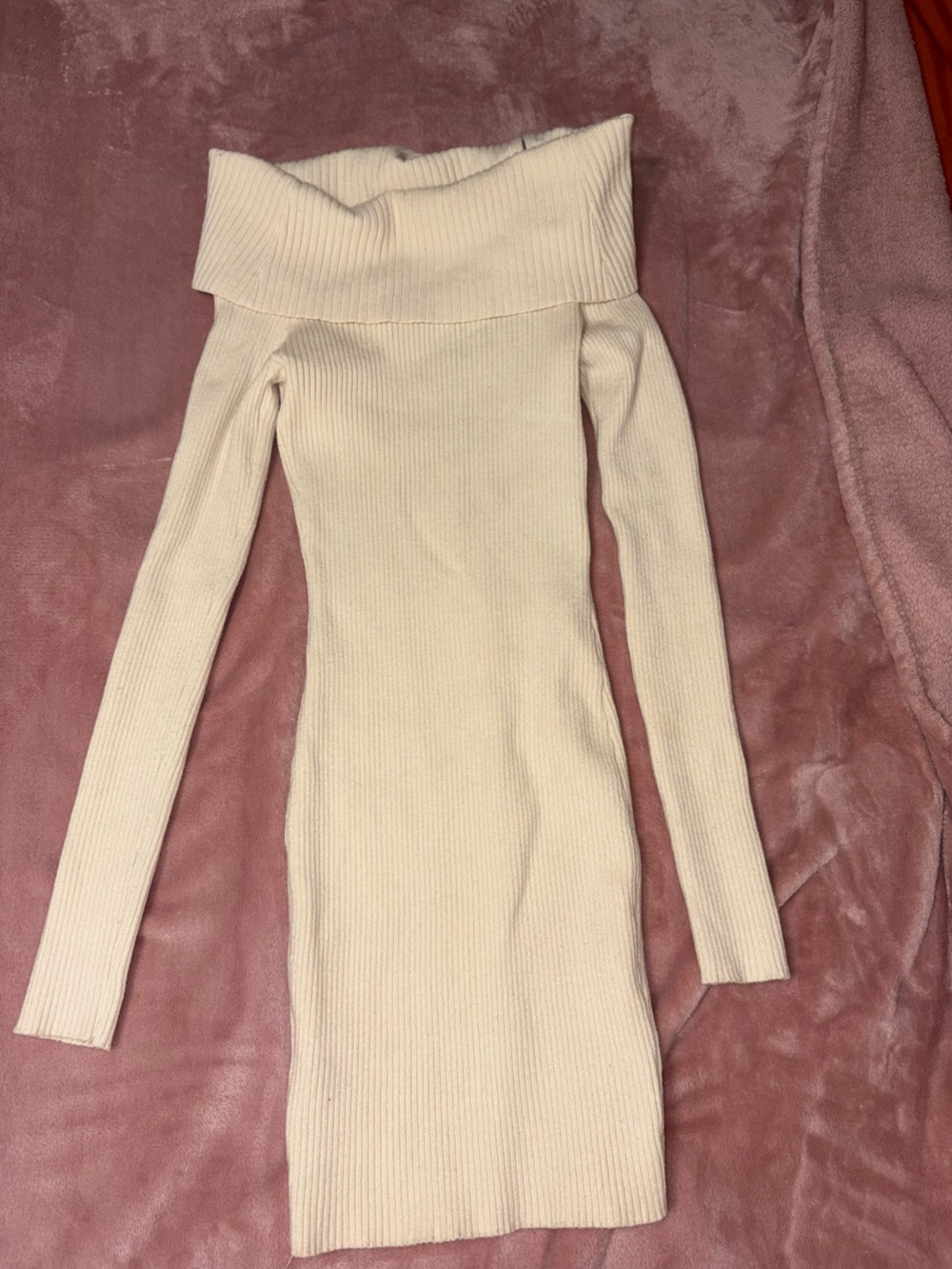 Forever 21 Cream Ribbed Off-Shoulder Sweater Dress